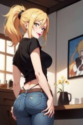 1girls ai_generated ass ass_focus ass_support babysitter big_ass big_butt black_shirt blonde_hair blue_eyes brazilian breasts clothed clothed_female female female_only flower flowers hand_on_ass hand_on_butt hand_on_thigh happy imminent_sex jeans light_skin light_skinned_female lips lipstick looking_at_viewer looking_back looking_back_at_viewer panties ponytail red_lips red_lipstick shirt short_shirt smile smiling smiling_at_viewer solo solo_female sunlight table tagme thong thong_panties turma_da_monica wide_hips window xabeu_(tdm) yellow_flower