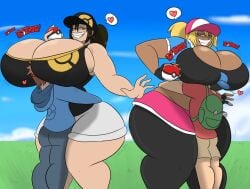 big_ass big_breasts bottom_heavy cleavage head_between_breasts head_in_breasts head_in_cleavage hug_breasts igphhangout looking_at_each_other massive_ass massive_breasts massive_thighs pokeball pokemon pokemon_trainer short_shorts shorter_female shorts small_waist taller_female taller_girl tank_top top_heavy trainer_catch_(igph) trainer_go_(igph) waist waist_grab