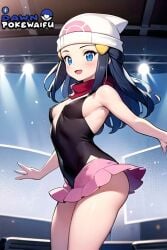 ai_generated ass blue_eyes blue_hair dawn_(pokemon) game_freak miniskirt nintendo no_panties small_breasts thighs