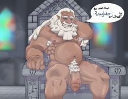 age_of_calamity armpit_fetish armpit_hair armpits bara beard belly big_beard big_nose big_penis breath_of_the_wild bush bushy_eyebrows bushy_pubes castle elf_ears gay hand_behind_head hylian hyrule_warriors:_age_of_calamity king king_rhoam king_rhoam_bosphoramus_hyrule leaking_precum long_hair male male_only muscular muscular_male musk musky musky_armpit musky_cock nintendo penis pubes sitting sitting_on_chair sitting_on_throne smiling speech_bubble stained_glass stone_wall sweat sweaty tears_of_the_kingdom the_legend_of_zelda throne white_hair yaoi zelda_fan344