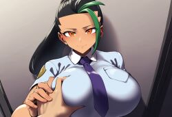 1boy ai_generated breast_grab dark-skinned_female dark_skin female grabbing groping guided_breast_grab large_breasts latina mullon nemona_(pokemon) novelai pokemon pokemon_sv pov pov_hands school_uniform schoolgirl smile