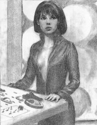 1girls catsuit companion_(doctor_who) doctor_who female female_only monochrome shirtless_female sketch small_breasts solo solo_female tardis tardis_interior wendy_padbury zoe_heriot