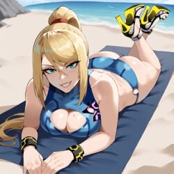 1girls ai_generated beach beach_towel big_breasts clothing_cutout dug-lith-pls heels laying_on_stomach long_hair metroid nintendo ponytail samus_aran solo thiccwithaq_(ai_style) thick_ass thick_thighs wristband yodayo