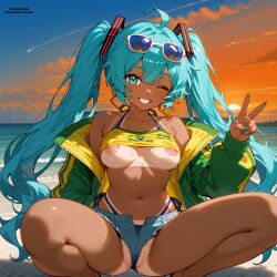 ai_generated aqua_eyes aqua_hair bikini brazil brazilian brazilian_female brazilian_miku cameltoe female hatsune_miku jacket jacket_open minokai nipples short_shorts twintails vocaloid