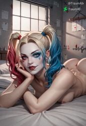 1girls ai_generated ass asylum bed blonde_hair blue_eyes blue_hair clown_makeup completely_nude completely_nude_female dc dc_comics harleen_quinzel harley_quinn large_ass laying_down laying_on_bed laying_on_stomach makeup nipples nude nude_female red_hair seductive seductive_look self_upload solo solo_female solo_focus three_tone_hair traumai twintails two_tone_hair