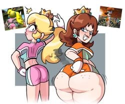 2girls ass back_view blonde_hair blue_eyes bottom_heavy breasts brown_hair crown earrings female freckles freckles_on_ass hand_on_hip huge_ass huge_butt large_ass large_butt mario_(series) mario_strikers mario_strikers_peach_back_view_redraw_(meme) mario_strikers_princess_daisy_side_view_redraw_(meme) orange_shorts pink_shorts ponytail posing princess_daisy princess_peach short_shorts size_difference slim smile super_mario_bros. superspoe surprised_expression thick thick_ass thick_thighs wide_hips