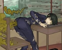 1boy ass bent_over big_ass black_hair classroom desk fart fart_cloud fart_fetish farting femboy girly male male_fart male_only protagonist_(shin_megami_tensei_v) shin_megami_tensei shin_megami_tensei_v solo solo_male usagaijin