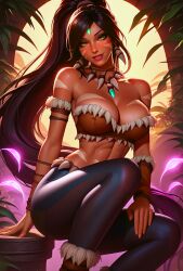 1female 1girl 1girls abs ai_generated big_breasts black_hair black_hair_female blush blushing_at_viewer boob_focus breast_focus bust_focus chest_focus crouching cvxxxart dark-skinned_female dark_skin ear_piercing ear_piercings ear_ring ear_rings earring earrings female female_abs female_focus forehead_gem forehead_jewel gem_on_forehead jewel_on_forehead large_breasts league_of_legends looking_at_viewer nidalee ponytail ponytail_female riot_games shiny shiny_breasts shiny_clothes shiny_face shiny_skin skimpy skimpy_clothes skimpy_outfit skimpy_top skimpy_topwear smiling smiling_at_viewer solo solo_focus tooth_necklace tribal_markings tribal_tattoo tribal_tattoos yellow_eyes yellow_eyes_female