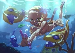 big_breasts big_forehead bikini blue_pikmin dark-skinned_female dark_skin eel feet frye_(splatoon) frye_onaga huge_breasts inkling moray_eel splatoon splatoon_(series) splatoon_3 swimming underwater