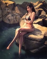 1girls 2026 3/4_view 3d arm_under_breasts arms_crossed arms_crossed_under_breasts barefoot big_breasts bikini bikini_bottom bikini_only bikini_top black_bikini black_hair breasts brown_eyes cleavage covered_breasts crossed_legs eyeshadow feet female female_only final_fantasy final_fantasy_vii final_fantasy_vii_remake legs_together legs_together_feet_apart light_makeup lipstick lkight_makeup long_hair navel neonfox3d nipple_bulge outdoors pokies rocks side-tie_bikini sitting sitting_on_rock solo tifa_lockhart toes water