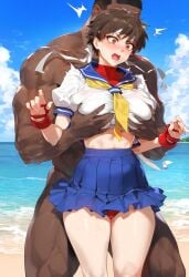 1boy 1girls ai_generated beach big_breasts black_hair breast_grab breasts brown_eyes brown_hair dark-skinned_male dark_skin female headband interracial kord_ai large_breasts sakura_kasugano school_uniform skirt straight street_fighter surprised thick_thighs voluptuous_female