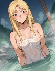 ai_generated blonde_hair blue_eyes breasts brown_eyes cleavage female female_focus female_only great_teacher_onizuka hot_spring kanzaki_urumi long_hair towel towel_only