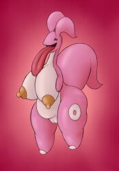 anthro big_breasts black_eyes breasts female fusion generation_1_pokemon generation_6_pokemon genitals goodra hi_res huge_breasts jovi_cap lickitung long_tongue nintendo nipples pink_body pokemon pokemon_(species) pokemon_fusion pussy solo tail tongue yellow_nipples