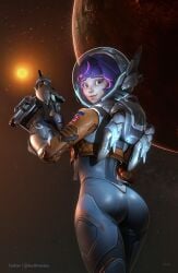 1girls 3d ass astronauts big_ass blender blizzard_entertainment butt_focus clothed clothing female gun helmet juno_(overwatch) overwatch overwatch_2 purple_hair short_hair solo solo_female solo_focus space spacesuit sun thick_ass thick_thighs