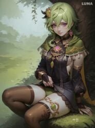 1girls ai_generated animated artifismut collei_(genshin_impact) female genshin_impact green_hair looking_at_viewer no_sound pale-skinned_female pale_skin purple_eyes shorter_than_10_seconds sitting small_breasts solo tagme thighhighs video