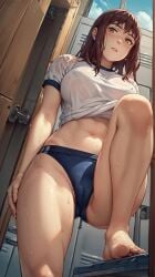 ai_generated athletic_female bare_legs big_breasts blush brown_hair embarrassed gym_clothes gym_uniform huge_breasts huge_thighs kiruko_(tengoku_daimakyou) large_breasts light-skinned_female light_skin long_hair looking_down low-angle_view puffy_pussy pussy_visible_through_clothes solo_female squatting sweat sweatdrop tengoku_daimakyou thick_thighs thighs voluptuous voluptuous_female waifu_licker yellow_eyes