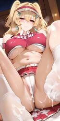 ai_generated bare_legs blonde_hair blush cheerleader clay_(nikke) cum cum_in_ass cum_in_pussy cum_on_feet cum_on_thighs gigantic_breasts goddess_of_victory:_nikke huge_breasts huge_thighs light-skinned_female light_skin looking_at_viewer massive_breasts moriaaa oiled_body panties pink_eyes socks solo_female thick_body thick_female thick_thighs thighs twintails upskirt voluptuous voluptuous_female