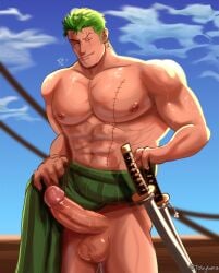 1boy abs balls bara big_balls big_muscles big_nipples big_pecs big_penis chest_scar erection eye_scar gay green_hair huge_cock human hunk male male_only muscular muscular_human muscular_male navel nipples nude one_piece pecs penis roronoa_zoro signature solo tobybara