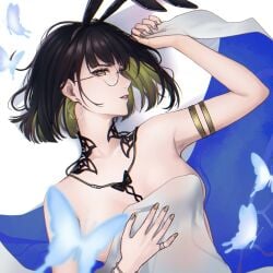 1girls angon623_(artist) arm_ring behind_curtain black_hair bowtie breasts bunny_ears butterfly curtains earrings glasses hiding_breasts lipstick looking_at_viewer multicolored_hair nail_polish no_bra nude path_to_nowhere ring short_hair white_background white_skin yellow_eyes yellow_hair