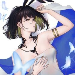 1girls angon623_(artist) arm_ring behind_curtain black_hair bowtie breasts bunny_ears butterfly curtains earrings glasses hiding_breasts lipstick lisa_(path_to_nowhere) looking_at_viewer multicolored_hair nail_polish no_bra nude path_to_nowhere ring short_hair white_background white_skin yellow_eyes yellow_hair