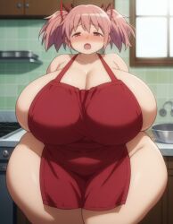 ai_generated arms_behind_back aroused ass_visible_through_thighs fat_fetish full-face_blush gigantic_ass gigantic_breasts gigantic_thighs half-closed_eyes horny horny_female huge_breasts in_heat kitchen madoka_kaname mahou_shoujo_madoka_magica naked_apron naughty_face puella_magi_madoka_magica red_apron slightly_chubby slightly_chubby_female stable_diffusion thick_thighs wide_hips