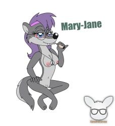 a_toon_rabbit_in_a_weasels'_den anthro bloodshot_eyes blue_eyes breasts drugs eyewear female fur genitals glasses grey_body grey_fur hair hi_res kendraeevee kendratheshinyeevee mammal marijuana mary-jane_(kendraeevee) medium_breasts mustelid musteline nude pink_sclera purple_hair pussy smoking smoking_marijuana solo true_musteline weasel