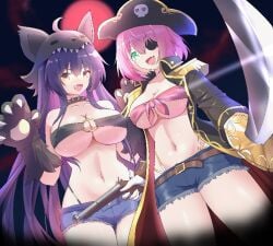 2d 2girls belly belly_button big_breasts breasts cleavage date_a_live exposed_torso female female_only green_eyes gun light-skinned_female long_hair pink_hair pirate pirate_hat purple_eyes purple_hair shorts sword thighs wolf_ears wolf_girl yatogami_tohka