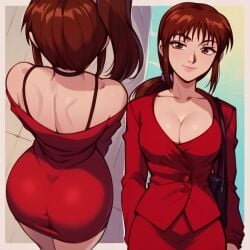 ai_generated ass breasts brown_eyes brown_hair cleavage female female_focus female_only great_teacher_onizuka long_hair murai_julia ponytail red_jacket red_skirt skirt tied_hair