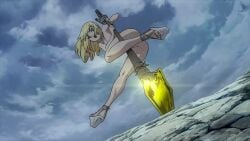 1girls anus_peek ass ass_focus blonde_hair clouds dr.stone female female_focus ggeorges8576899 kohaku_(dr.stone) long_hair low-angle_view nude nude_female open_mouth pussy screencap solo solo_female spear thick_thighs third-party_edit