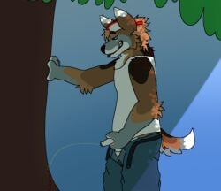anthro canine canine flaccid flaccid_penis foreskin furry fursona leaning_on_tree oc original_character outdoors outside peeing peeing peeing_on_tree piss_kink piss_play public scenery shitkinker1 soft soft_penis tail tongue_out unzipped_pants urine urine