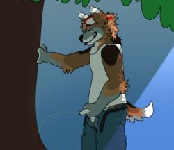 1boy anthro anthro_only canine flaccid flaccid_penis foreskin furry furry_only fursona leaning_on_tree no_humans oc original_character outdoors outside peeing peeing_on_tree piss_kink piss_play public scenery shitkinker1 soft soft_penis tail tongue_out unzipped_pants urine