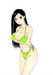 1girls anri_okita bikini black_hair breast_lift brown_eyes female female_only green_bikini pixiv1607521 porn_star real_person smile smiling standing swimsuit traditional_media_(artwork)