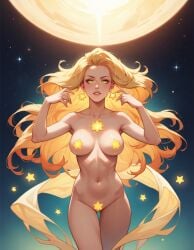 ai_generated almost_naked goddess golden_hair long_hair magical_girl stars
