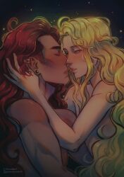 2boys blonde_hair brothers canon_couple caress earring earrings elden_ring femboy fromsoftware incest kissing male_only miquella miquella_the_kind nude promised_consort_radahn red_hair rinamakesart romantic shadow_of_the_erdtree topless