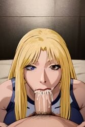 ai_generated blonde_hair blue_eyes brown_eyes brown_hair cum cum_in_mouth cumshot cumshot_in_mouth fellatio female great_teacher_onizuka kanzaki_urumi long_hair male penis pubic_hair purple_lips purple_lipstick