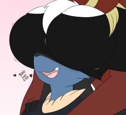 1boy 1girls big_breasts boob_hat breasts cleavage dart(dewwydartz) delphox dewwydartz female furry huge_breasts lucario maddie(dewwydartz) nintendo pokemon pokemon_(species)