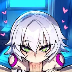 ai_generated bedroom blowjob fate/grand_order fate_(series) fellatio green_eyes heart_symbol jack_the_ripper_(fate) jack_the_ripper_(fate/apocrypha) oral oral_sex petite sucking sucking_penis white_hair