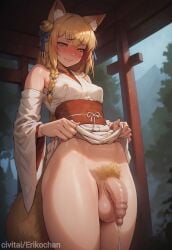 1futa ai_generated animal_ears animal_tail balls blonde_hair blush civitai dress_lift erikochan foreskin fox_ears fox_tail futanari hair_ornament leaking_precum long_hair original penis phimosis precum pubes pubic_hair self_upload shrine_maiden small_breasts solo standing uncensored yellow_eyes