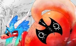 2017 angry anthro anus anus_only ass ass_up axe battle_axe bent_over big_butt biped black_markings blue_eyes blue_hair breasts bun_snn butt_focus curved_horn dragon eyelashes facial_markings fangs female forest frown gradient_hair green_hair hair half-closed_eyes horn long_horn long_mouth long_tail looking_at_viewer looking_back markings melee_weapon multicolored_hair non-mammal_breasts nude outside raised_tail rear_view red_anus red_scales red_tail ridged_horn scales scalie short_hair sideboob solo sweat tree two_tone_hair weapon white_horn