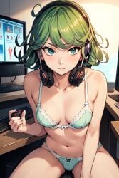 1girls ai_generated blush bra cleavage computer curly_hair desk gaming green_eyes green_hair headset one-punch_man panties small_breasts takemehigh tatsumaki underwear