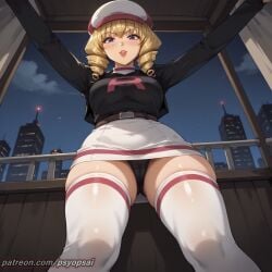 1girls ai_generated artist_name blonde_female blonde_hair cameltoe colored digital_media_(artwork) domino_(pokemon) female female_focus female_only fit_female from_below front_view hat pokemon psyopsai solo solo_focus stockings team_rocket thighhighs thighs tight_clothing tight_fit twintails upskirt watermark