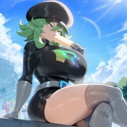 ai_generated ameanon big_ass big_breasts crossed_legs green_eyes green_hair hat pokemon rainbow_rocket_grunt skirt team_rocket thick_thighs