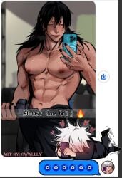 2boys big_breasts big_pecs black_hair blush blush blush_lines cute dumbbell flirting gym jujutsu_kaisen kicking_legs long_hair muscular muscular_male nipples owwllly satoru_gojo shirtless shirtless_male suguru_geto sweat texting white_hair