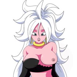 1girls 2010s android_21 android_21_(good) blue_eyes breasts dragon_ball dragon_ball_fighterz female female_only humanoid light_persona long_hair majin majin_android_21 monster_girl nipples pink_skin pointy_ears solo white_hair