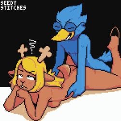 annoyed anthro antlers avian bed bent_legs berdly bird black_eyes blonde_hair blue_body blue_feathers blue_jay blush bodily_fluids bored bored_sex breasts brown_body brown_fur closed_eyes corvid deer deltarune digital_media_(artwork) dominant dominant_male duo eye_roll eyewear feathers female femboy from_behind_position fur furniture genitals glasses grabbing_hips hair head_on_hand horn jay_(bird) lying male male/female mammal navel new_world_deer new_world_jay nipples noelle_holiday nude orgasm_face orientation_play oscine passerine penis pixel_(artwork) prone_bone_position reindeer restricted_palette scut_tail seedy_stitches_(artist) sex shaded short_tail shy simple_background simple_shading smile smirk solo sweat sweatdrop tail undertale_(series)