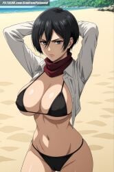 ai_generated aindroidparanoid ass attack_on_titan beach big_ass big_breasts big_butt bikini black_eyes black_hair breasts busty cameltoe curvy fat_ass hips huge_ass huge_breasts large_ass large_breasts large_butt mikasa_ackerman nipples outdoors scarf shingeki_no_kyojin shirt short_hair stable_diffusion voluptuous wide_hips