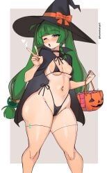 1girls ass big_ass big_thighs bikini blush breasts condom condom_wrapper female female_focus female_only gigantic_ass gigantic_thighs green_eyes green_hair halloween halloween_costume huge_ass huge_thighs imminent_sex kuromaruart long_hair looking_at_viewer open_mouth peace_sign petite petite_body petite_breasts petite_female petite_girl qingyi_(zenless_zone_zero) small_breasts tagme thick_hips thick_thighs thighs twintails v_sign witch witch_costume witch_hat zenless_zone_zero