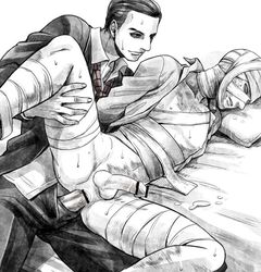 2boys anal anus bandage bruises erection grin lying male_focus multiple_boys penetration penis ruben_victoriano ruvik_victoriano scar sex the_evil_within the_executive_administrator yaoi