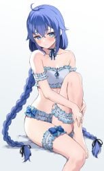 ahoge arm_garter ass_visible_through_thighs bare_arms bare_belly bare_legs bare_shoulders bare_thighs barefoot belly_button blue_eyes blue_hair blush bra breasts bridal_garter choker closed_mouth collarbone embarrassed feet frilled_bra hugging_own_legs kaetzchen knee_up lingerie long_hair mushoku_tensei roxy_migurdia small_breasts strapless_bra thighs toes twin_braids underwear