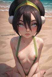 ai_generated avatar_legends avatar_the_last_airbender beach bikini black_hair blush blushing_at_viewer exhibitionism exhibitionist exposed_breasts exposed_nipples green_bikini green_sling_bikini hair_over_eyes horny horny_female jaajaai nickelodeon nipple_slip nipples nipples_visible_through_clothing on_knees petite public public_exposure seductive_look shiny_skin sling_bikini sling_swimsuit slingshot_swimsuit small_breasts smooth_skin submissive submissive_female summer sweat sweating tagme teasing teasing_viewer toph_bei_fong warm_colors wet wet_body wet_skin